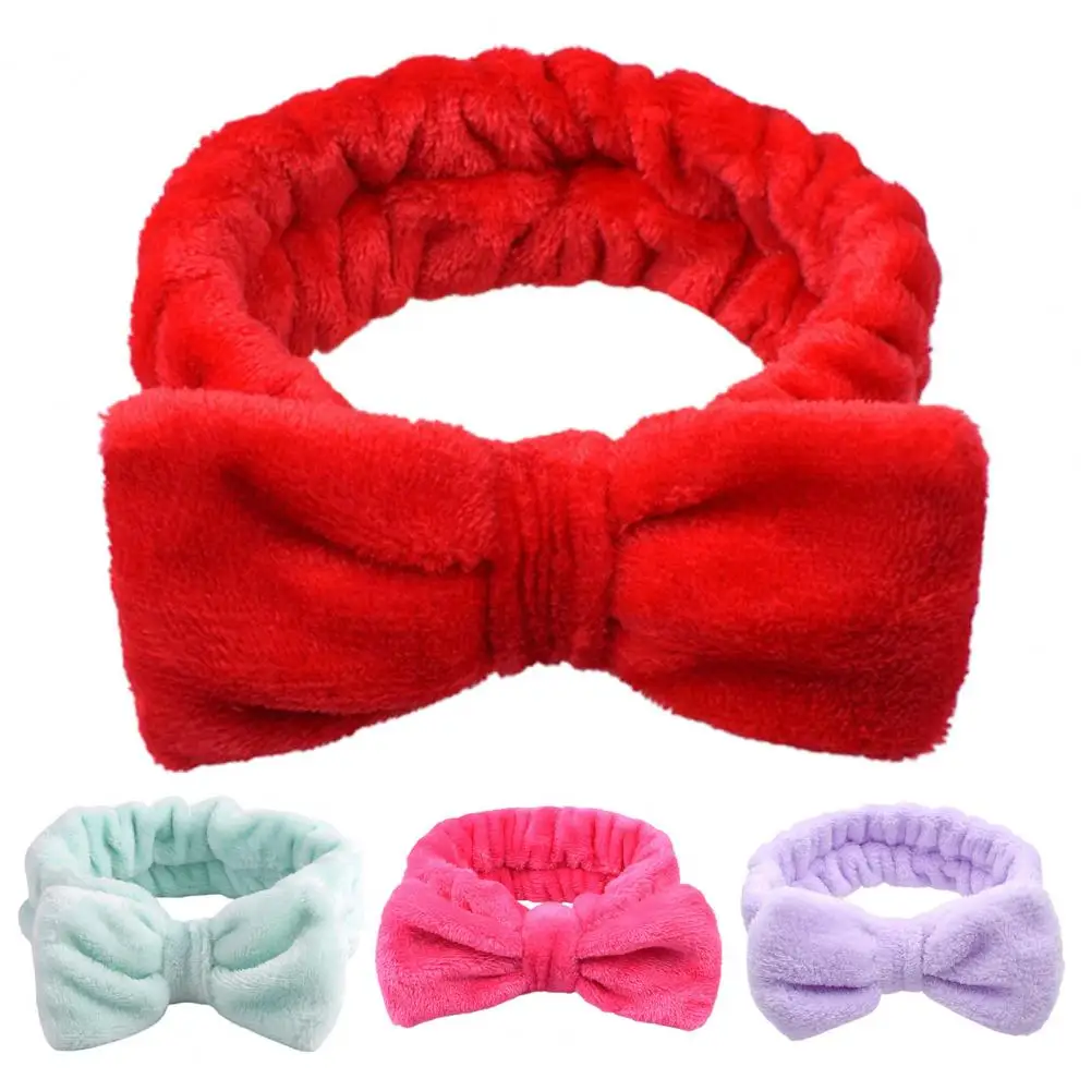 Women Hair Band Solid Color High Elasticity Makeup Headband Skin-touch Bowknot Coral Fleece Hair Band Hair Accessories