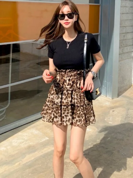 

Tiger Print ort Skirt Women Summer Sexy High Waist Slim Elastic Waist Prevent Exposure Cake Skirt Chiffon A-Line Skirt