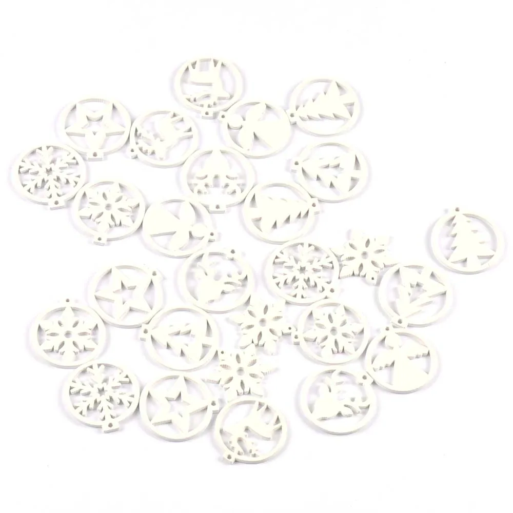 30Pcs Christmas Round White Snowflake Tree Angel Wooden Pendant Hanging Oranments DIY Handmade Supplies Xmas Home Party Decor