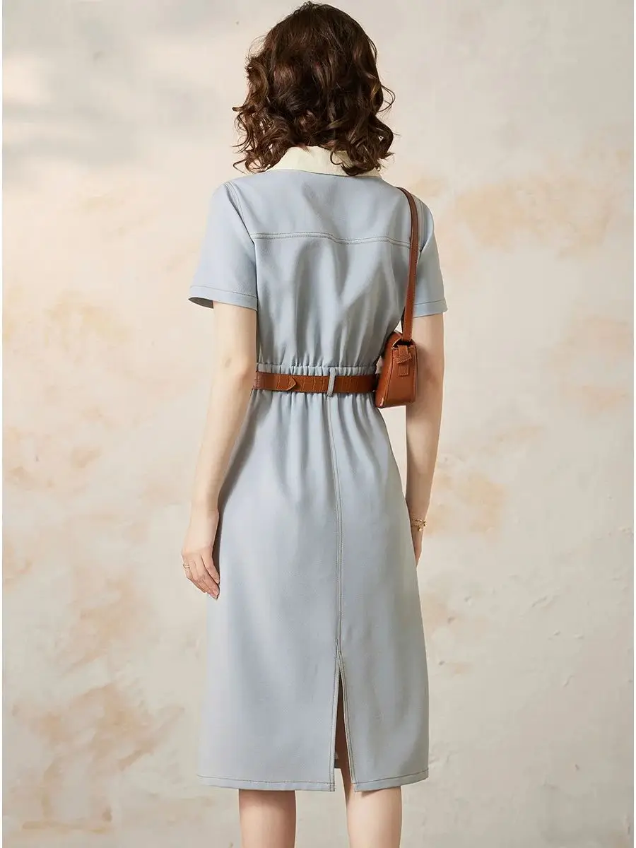 LOUIS YAO Women Dress Elegant Turn Down Collar Short Sleeve Office Lady A-LINE French Style Casual Long Dress