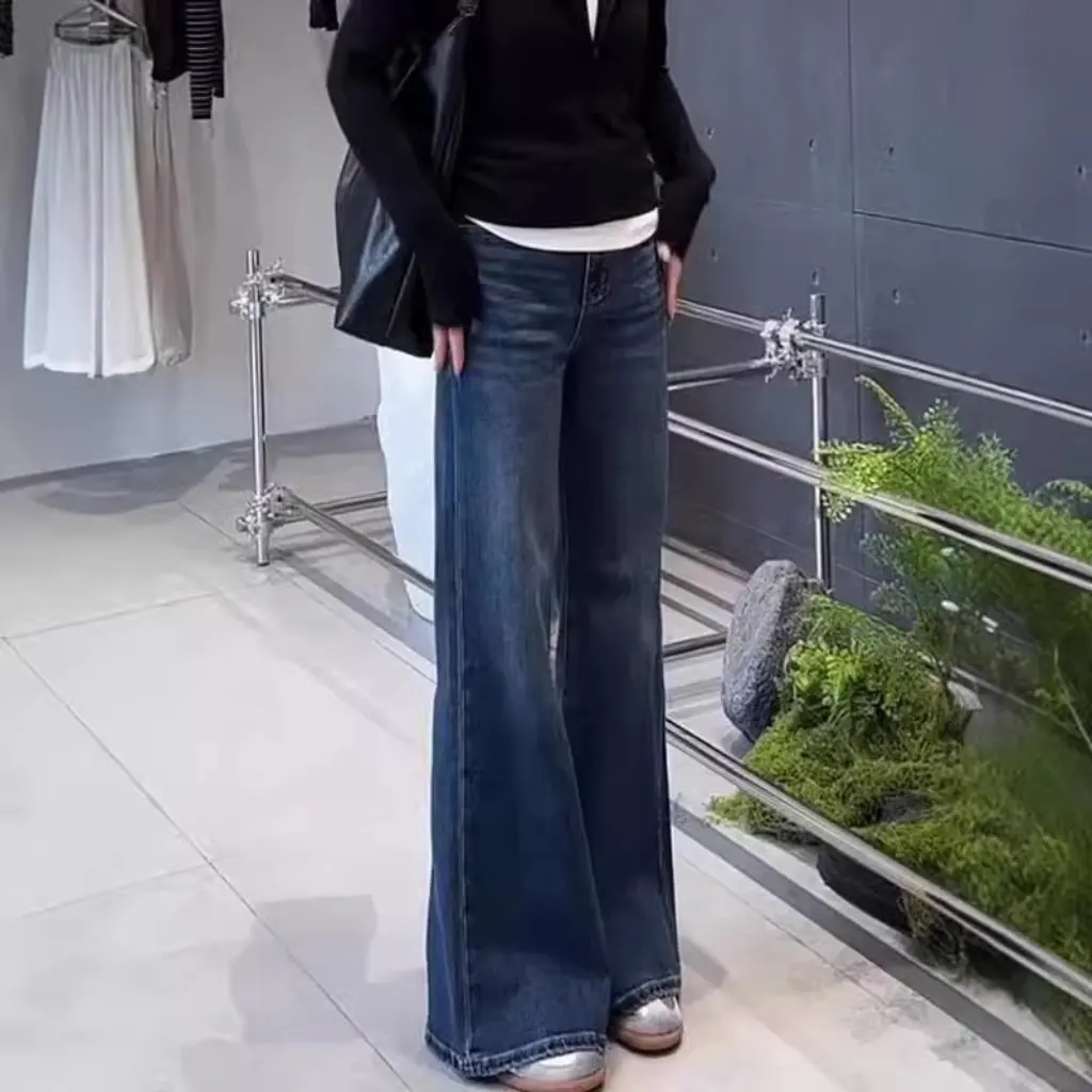 

plus Size Women's High Waist Stretch Straight Jeans Autumn Chubby Girl Hip Covering Slim Wide Leg Trousers