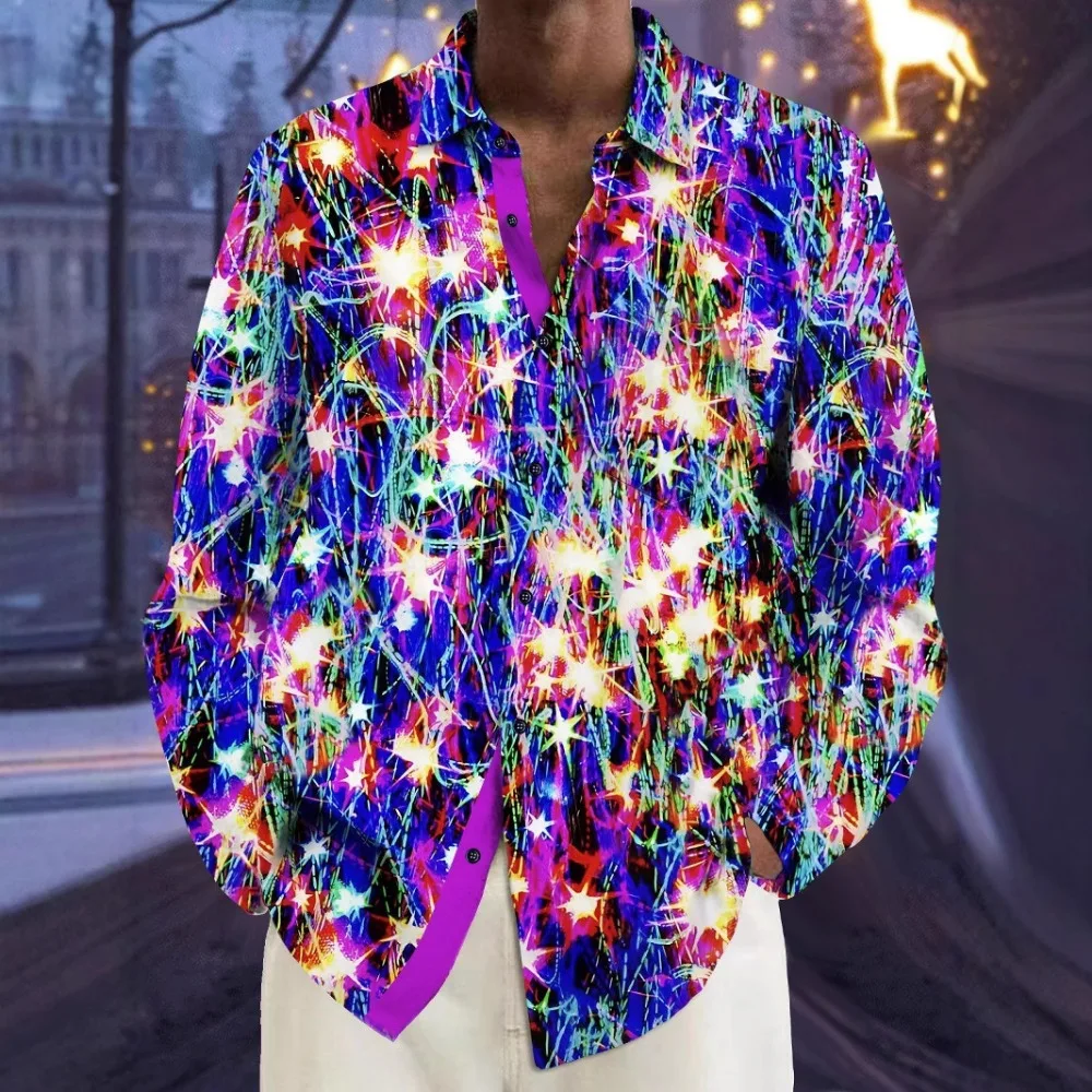 Hawaiian Button Up Shirts Festival Sparkle Starlight Colors Printed Full Sleeve Streetwear Breathable Casual Beach Dress Shirt