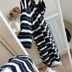 Korean Loose Oversized Women's Clothing Fashion Striped Tops Summer Thin Loose Short Sleeve Over-the-knee Long T-shirt Skirts