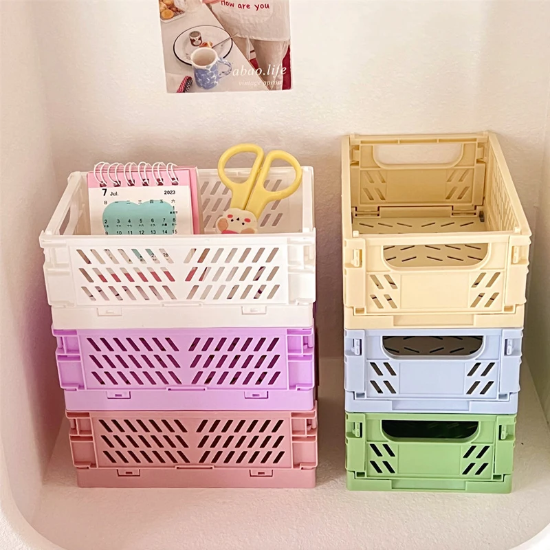 1pc Mini Folding Plastic Storage Box Student Desktop Organizer Handbook Tape Stationery Folding Basket Storage Basket