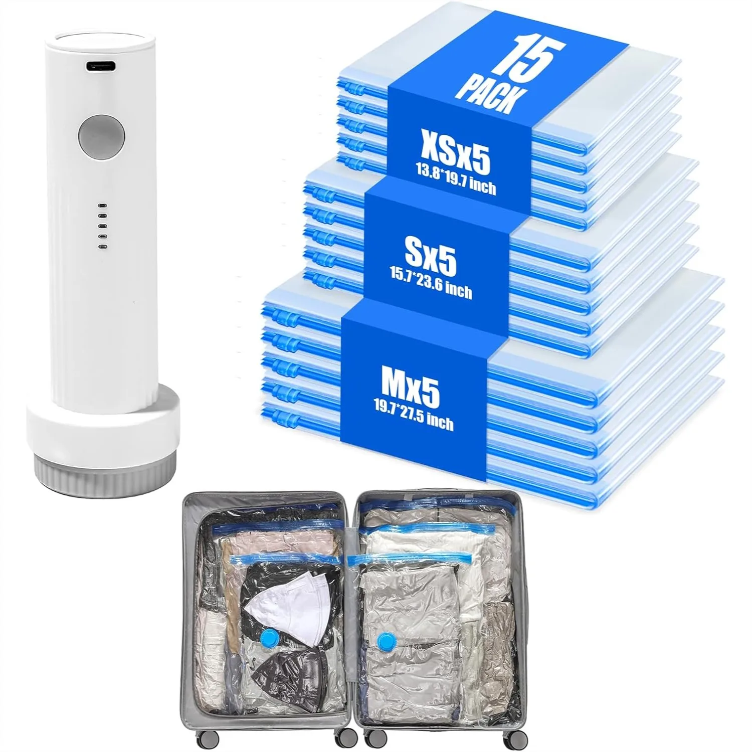 

15 Pack Vacuum Storage Bags for Travel with Rechargeable Pump, Compression Packing for Clothes, Space Saver for Suitcase