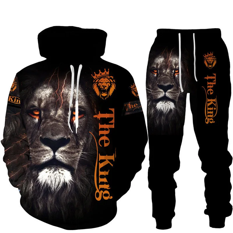 Trendy Cool Men's Lion Pattern Print Hoodie Set Autumn Winter Casual Suit Oversize Tracksuit Animal Hoodies Two-piece Streetwear