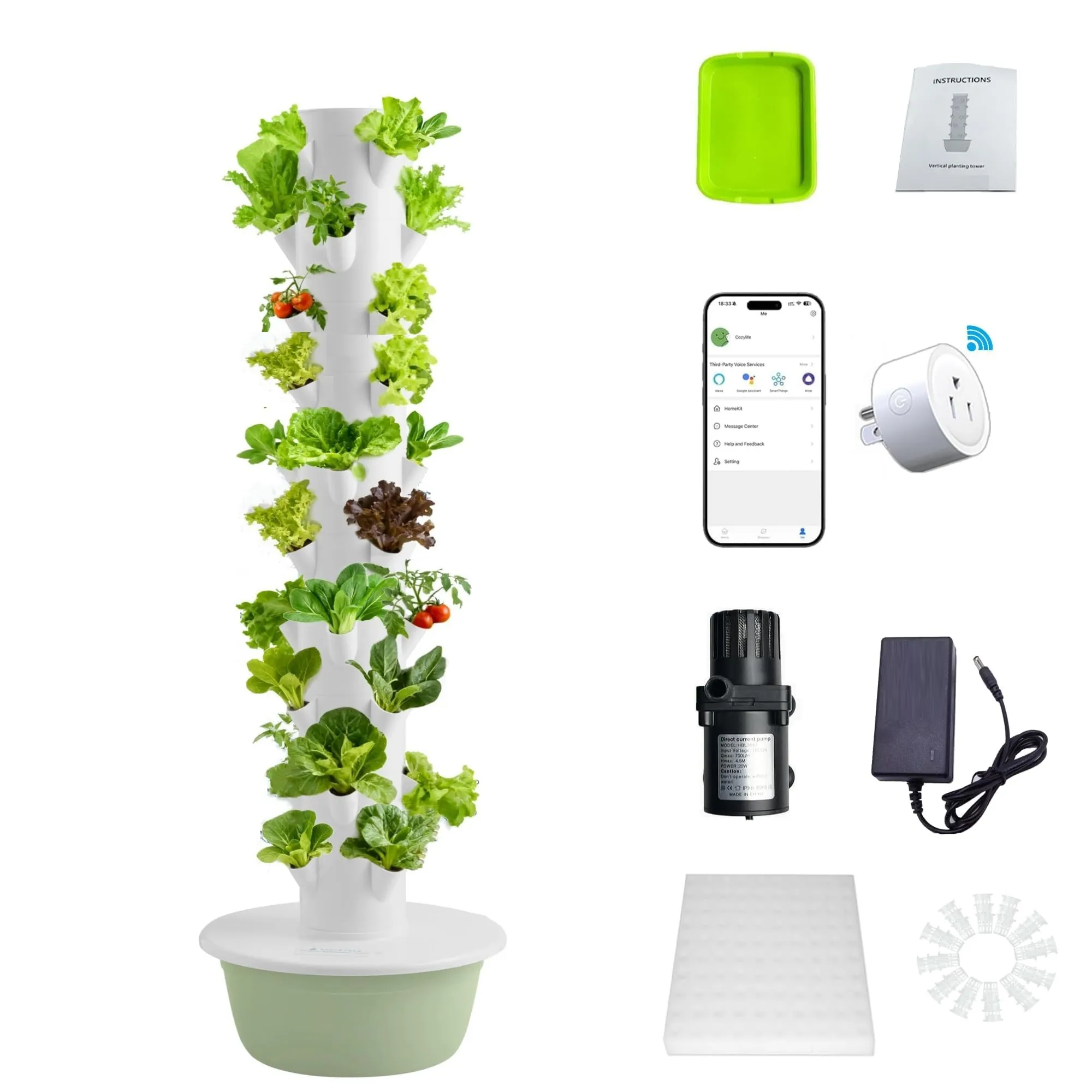 9-Tier Hydroponic Tower, Hydroponic Growing System for 36 Plants, 40L Tank,Smart App Timer, Remote On/Off, Adjustable Water Pump, Removable Tiers; Indoor/Outdoor Garden for Vegetables & Strawberries