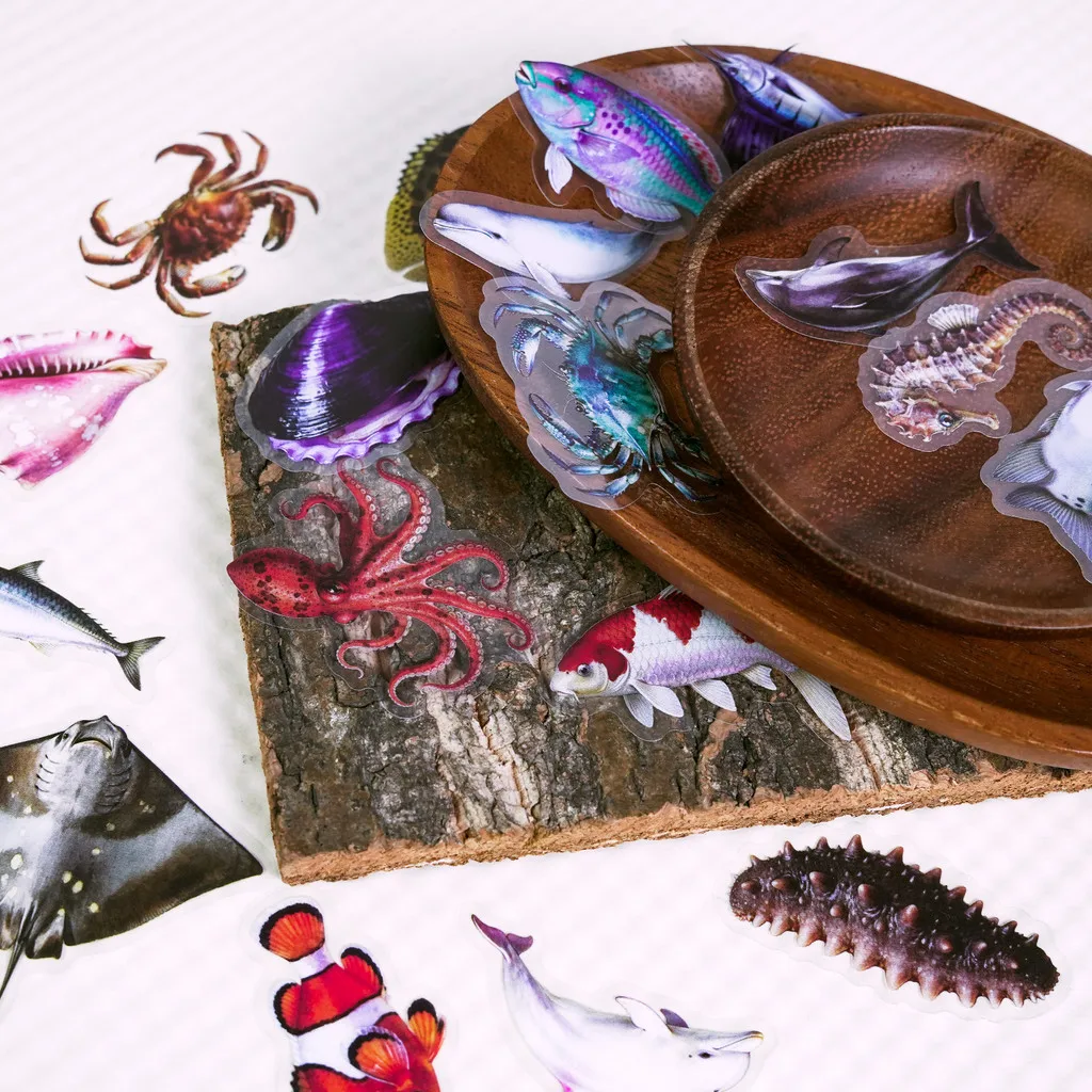 56개 신형 리얼리틱 해양 동물 스티커 고투명 PET 물고기 데칼 창의적인 수공예용 블링블링 스티커 스토어