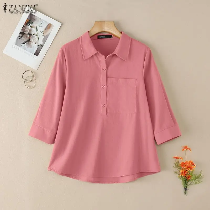 

Summer Women's Minimalist 3/4 Sleeves Blouses Casual Turn-Down Collar Half-Buttons Cotton Linen Solid Tops ZANZEA Woman Clothes