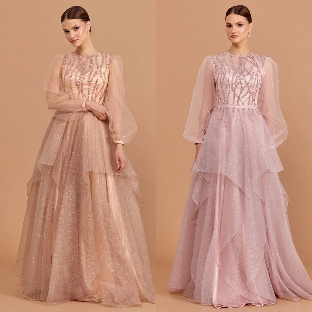 Customized Sizes Available Tulle Pleat Sequined A-line Jewel Long Dresses Bespoke Occasion Dresses Chinese Style