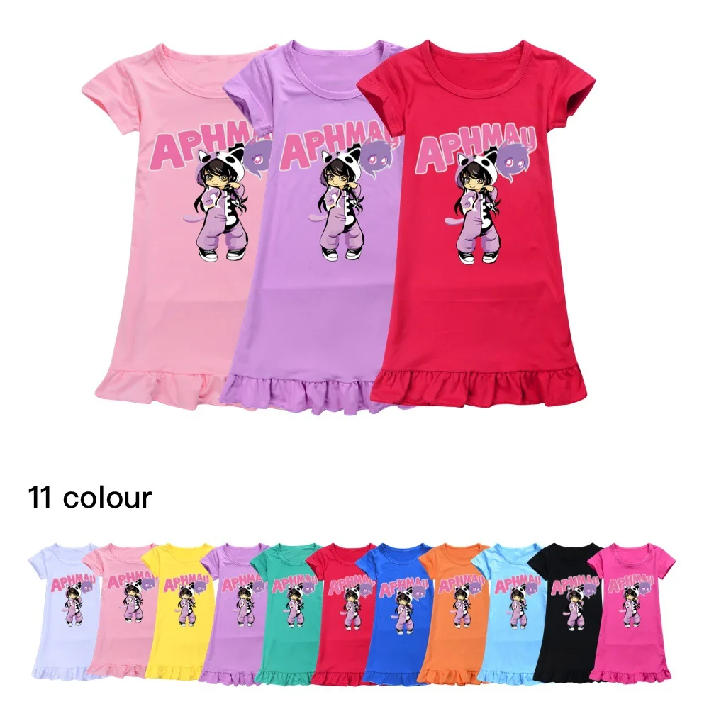 Baby Girls NightDress 2024 Summer Kids Nightgown Cartoon Cute APHMAU Pajamas Dress for 2-12Years Children Short Sleeve Sleepwear