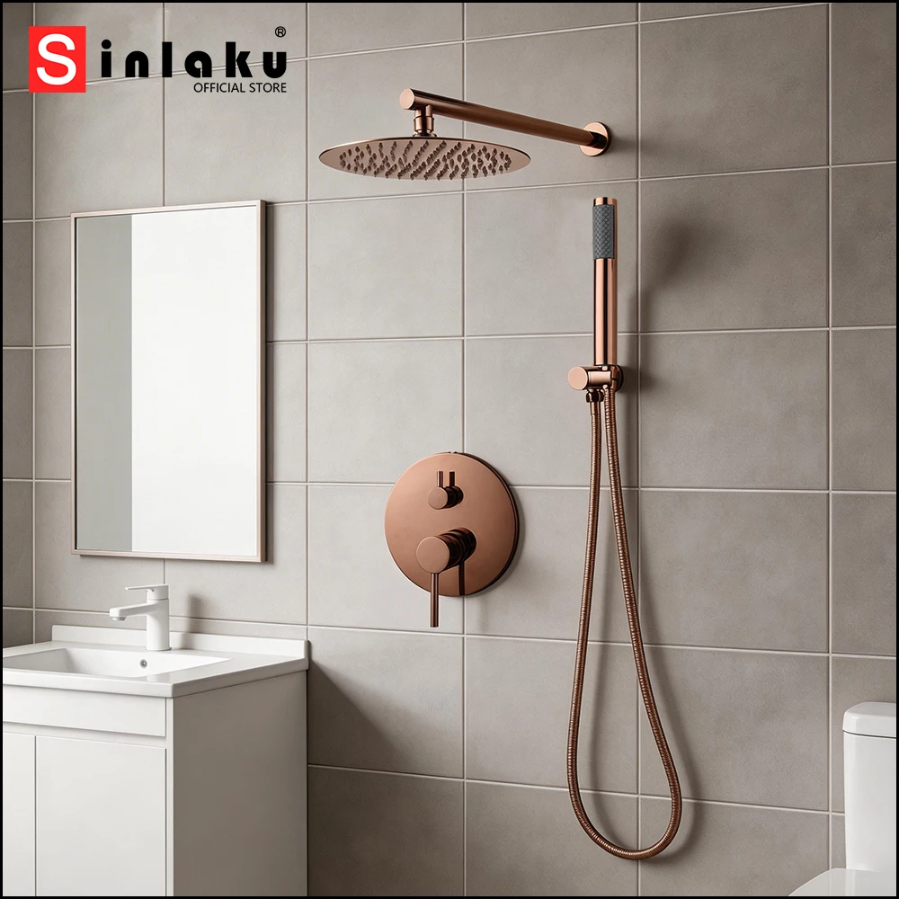SINLAKU Rose Gold Shower System Set Round Rainfall Shower Head with Handheld Spray Bathroom Showers Mixer Water Tap Combo Kit