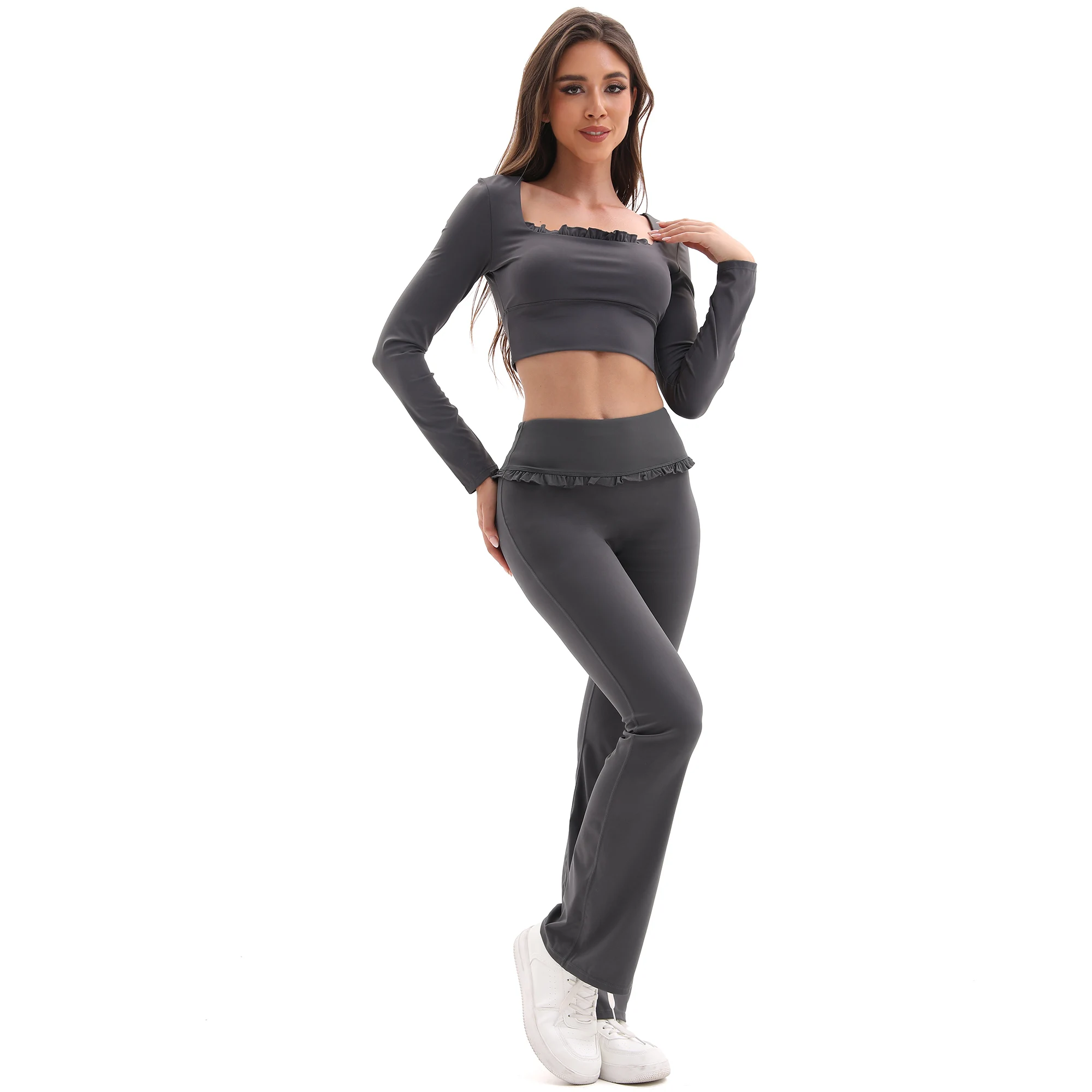 Nieuwe collectie dames bloemenkant set hoge taille flare broek U-hals top 4-weg stretch yoga-outfit voor fitness woon-werkverkeer de hele dag