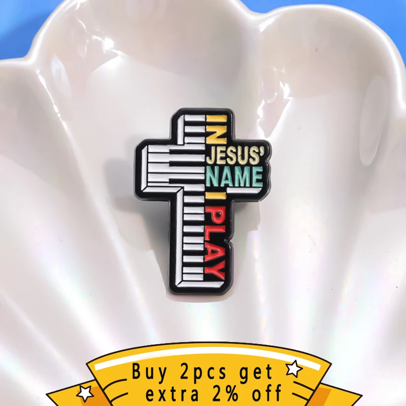 In Jesus Name I Play Enamel Pins Creative Cross Piano Christian Brooches Metal Lapel Badge Clothes Backpack Believers Jewelry