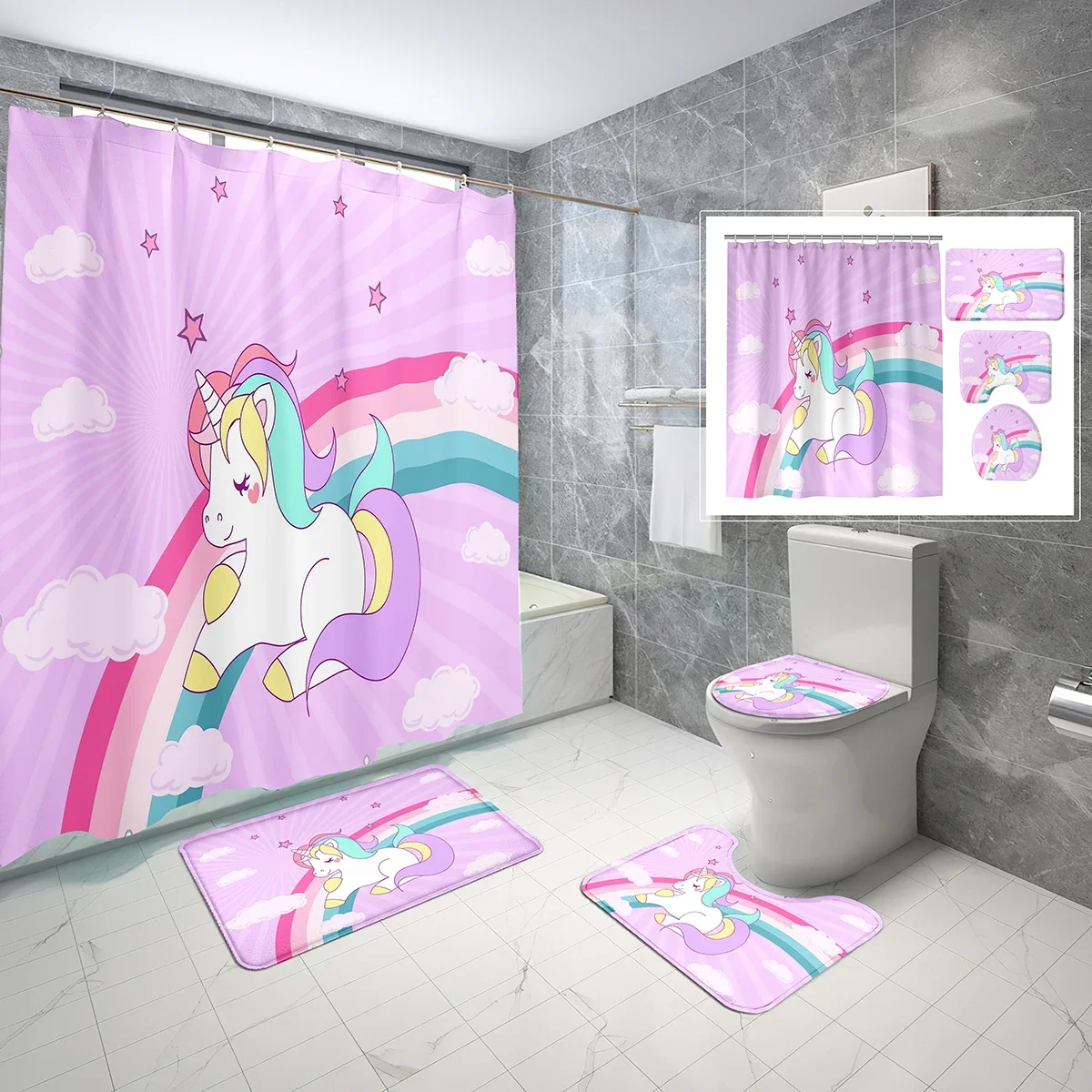 

Cartoon Unicorn Shower Curtain Sets Girls Cute Illustration 4 Pcs Non-slip Bath Mat Toilet Lid Waterproof Shower Curtain Set