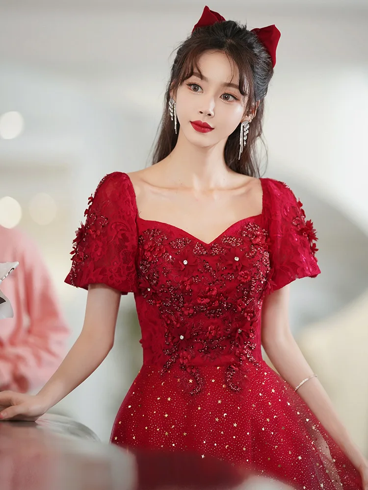 Burgundy Elegant Square Collar Puff Sleeve Chiffon Evening Dress Back Bandage Prom Gowns Cheongsam Robe De Soiree Vestidos