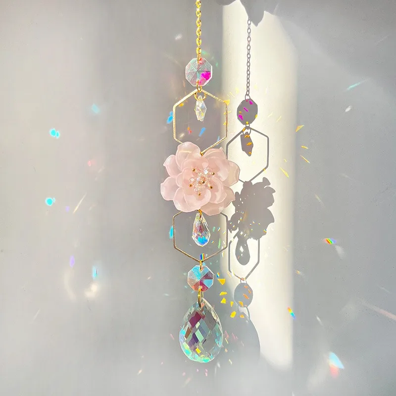 42cm Crystal Suncatcher With Pink Stone Flower Rainbow Maker Sun Catcher Home Outdoor Garden Wedding Party Decoration Women Gift