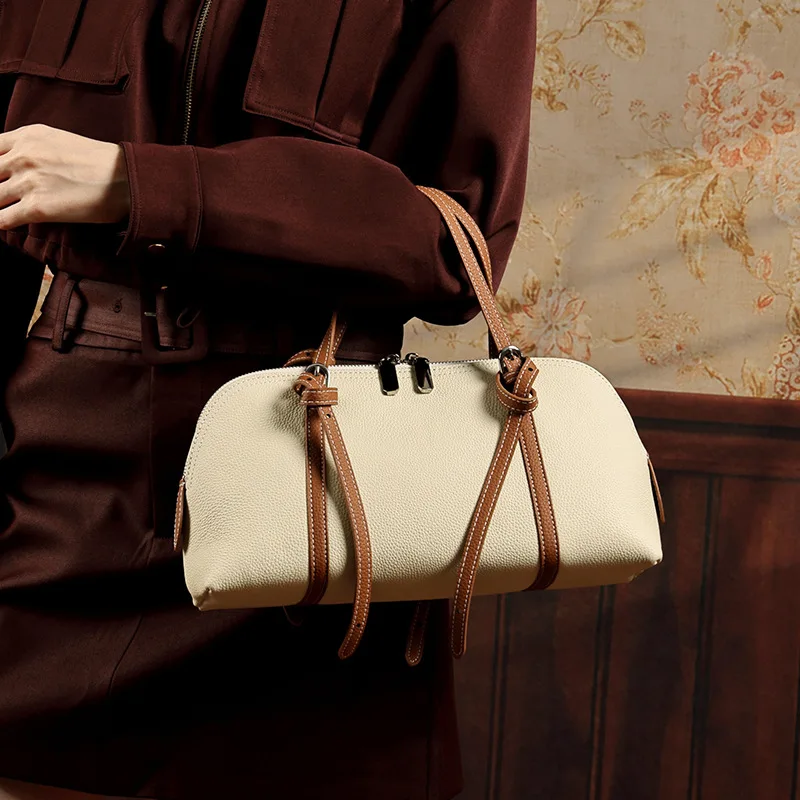 

Vintage Genuine Leather Shell Shoulder Bag Contrast Color Soft Designer Handbag Adjustable Strap Female Underarm Hobo Tote