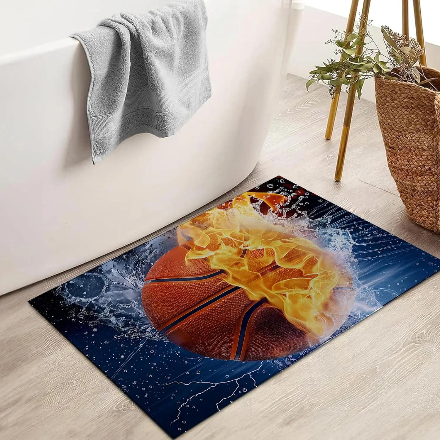 Fiery Basketball Door Mat Flame and Water Splash Design Non Slip Rug for Entryway