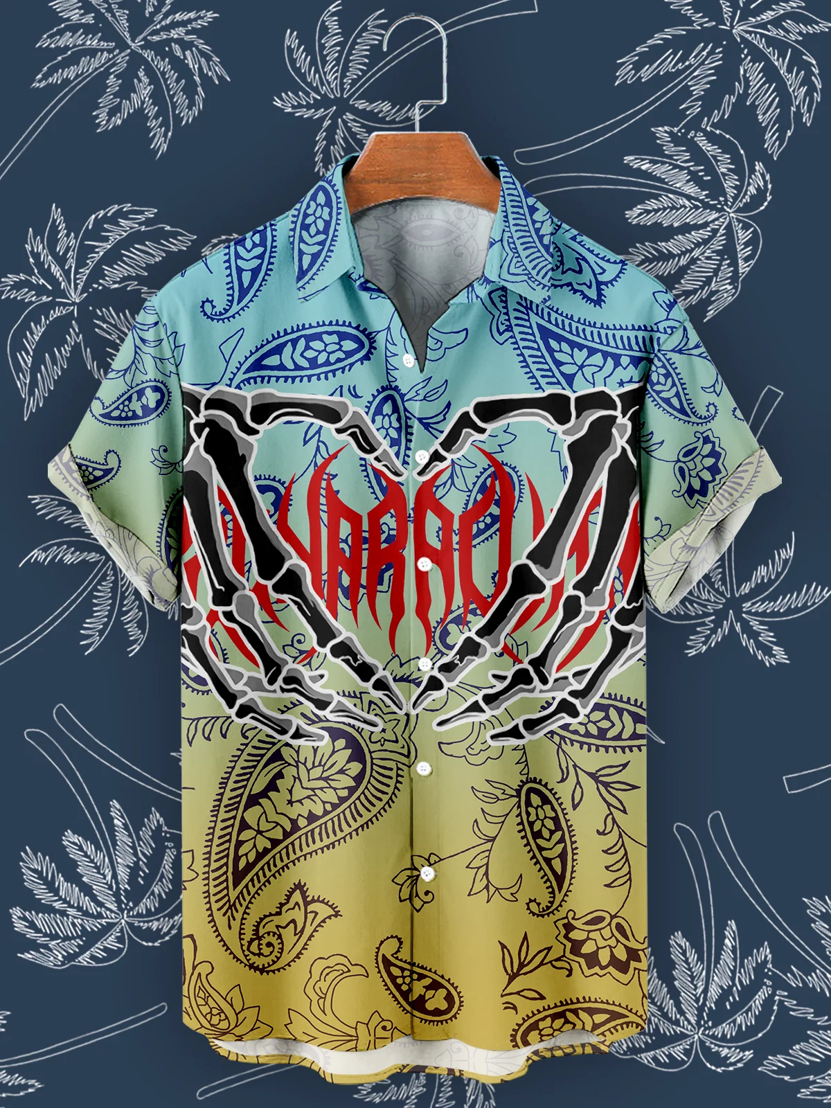 Skull Hand Print Hawaiian Beach Shirt Summer Sea Breeze 2024 Street Style Short Sleeve Oversized Shirt Men's Casual Ropa Hombre