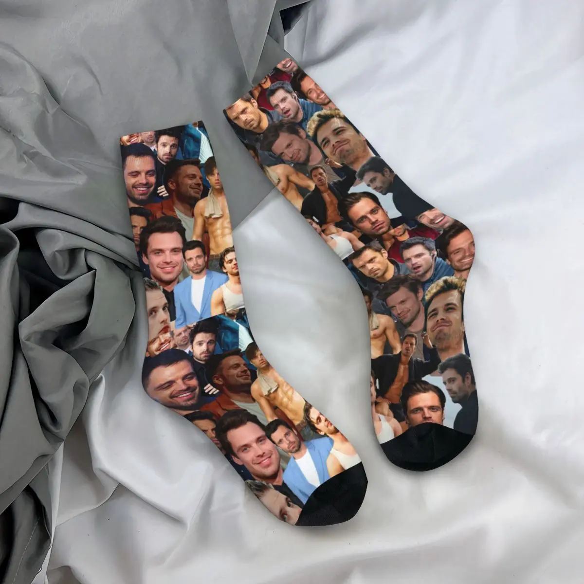 Funny Sebastian Stan Photo Collage Soccer Socks Polyester Middle Tube Socks for Women Men Breathable