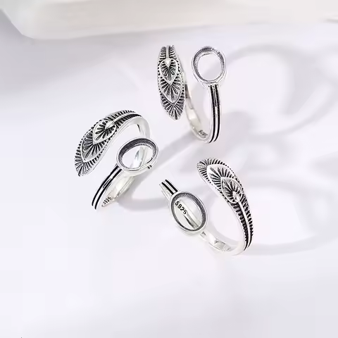 925 Sterling Silver Leaf Ring Base Blank fit Oval Cabochon Mounting Setting Adjustable Ring Cameo Handmade Jewelry Making