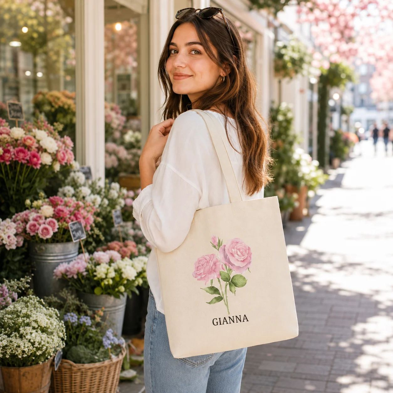 Custom Name Pink Rose Canvas Tote Bag Personalized‑Text Floral Print Shoulder Bag Customised Gift Reusable Shopping Handbag