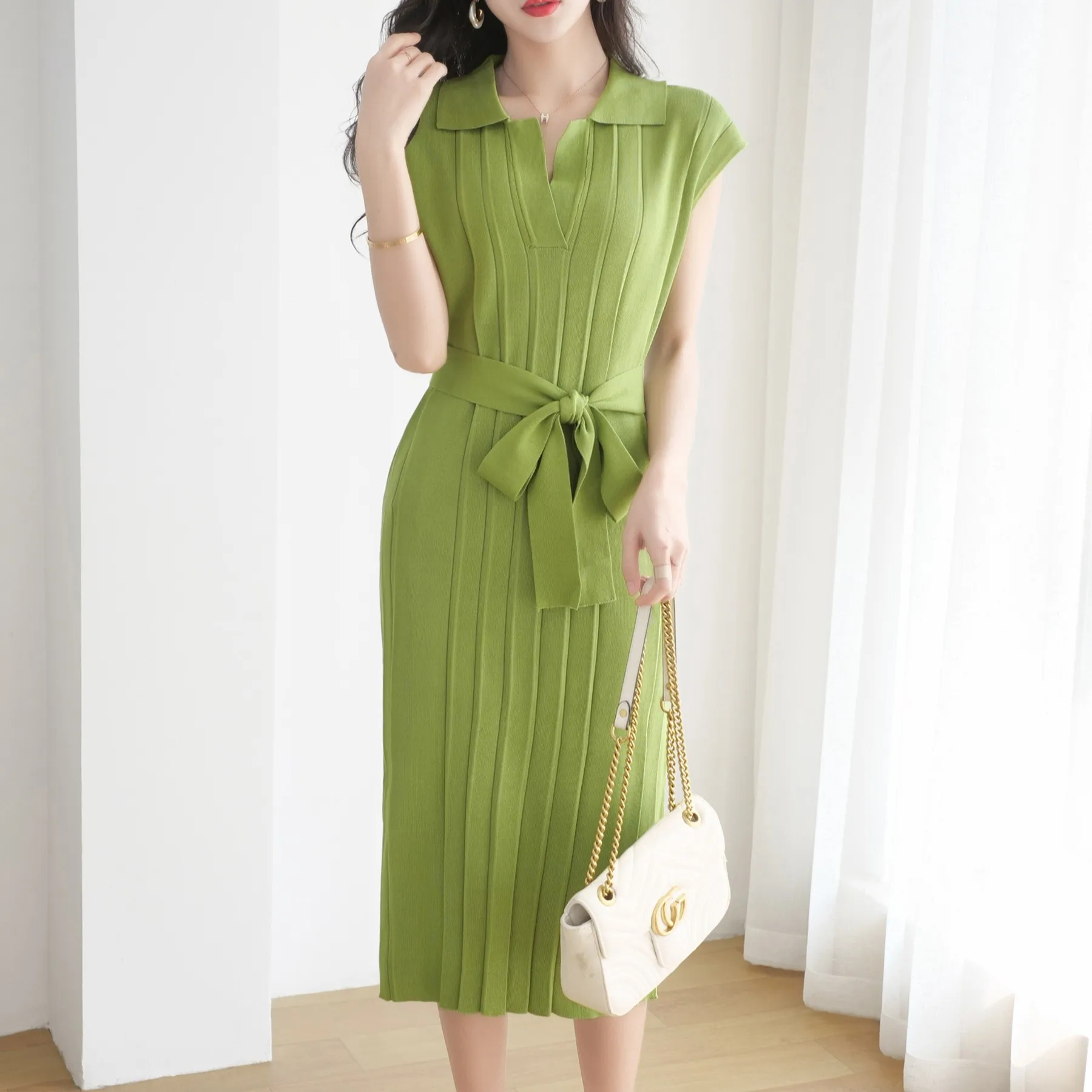 E Vestido de Punto Primavera Verano 2024 Vestido Midi Hoado con Cinturón para Mujer Cuello  Manga Larga Ropa de ...