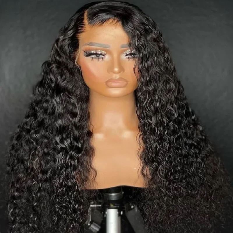 Soft 180Density Long 26" Black Glueless  Kinky Curly Lace Front Wig For Women With Baby Hair Synthetic Preplucked Heat Resistant