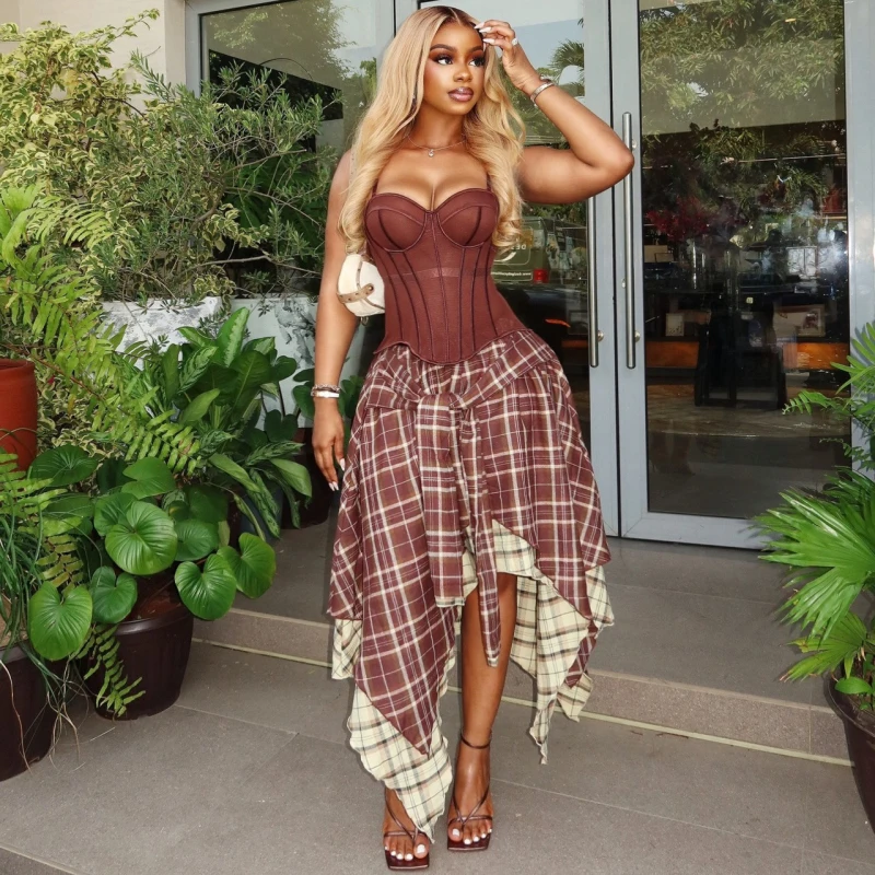 2026 New Design Vintage Women Dress Sexy Transparent Mesh Waisted Top And High Waist Asymmetrical Midi Plaid Skirt Set