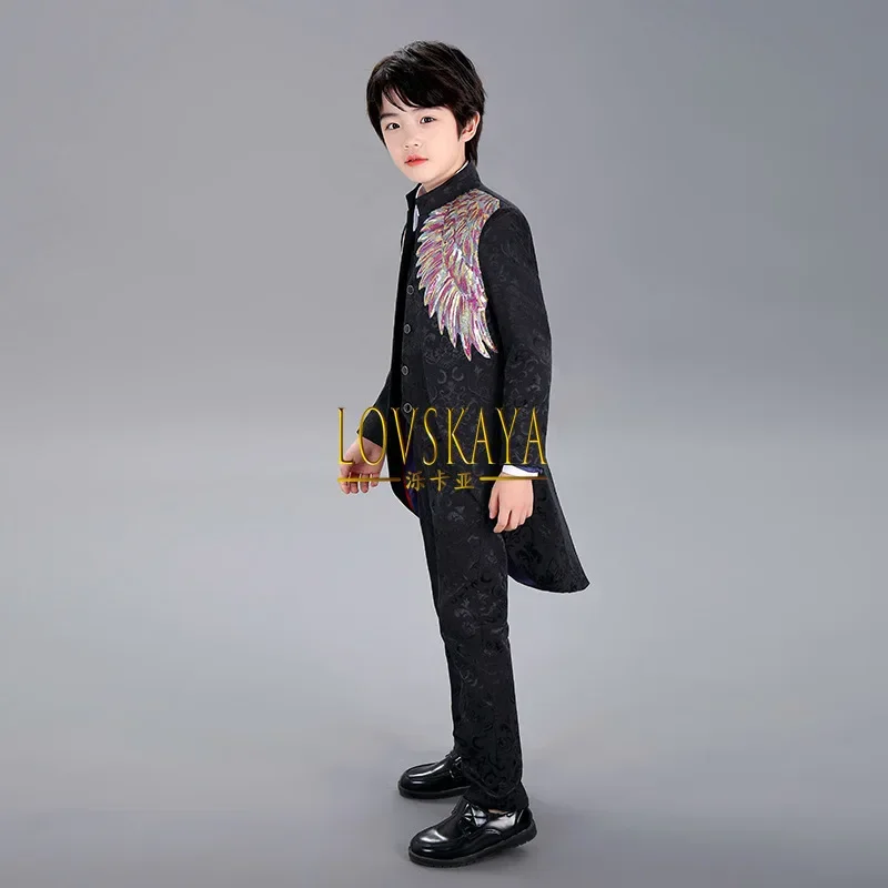 Stage walk show host boy piano performance black jacquard colored sequins handsome tailcoat three piece set