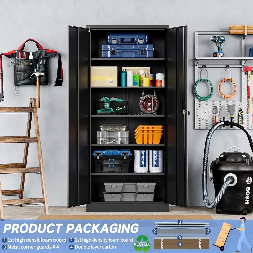 خزانة تخزين جراج معدنية مع قفل، خزانة أدوات قفل 71 بوصة مع بابين و5 أرفف، خزانة فولاذية طويلة للمرآب، Hea
