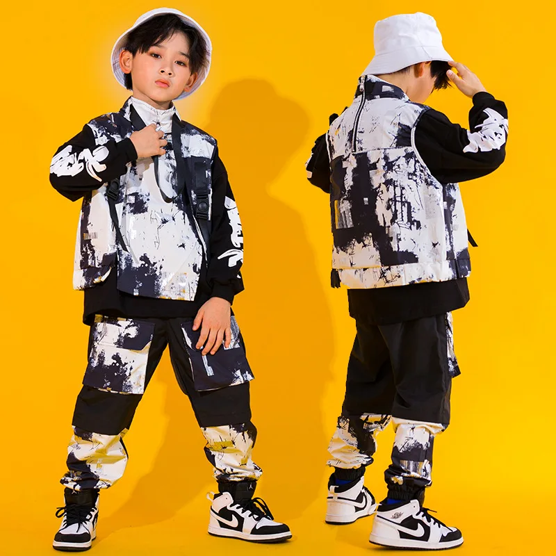 Boy Hip Hop Ink Wash Printed Vest Cargo Pants Kids Joggers Street Dance Girls Clothes Sets Child Jazz Costumes Streetwear Outfit