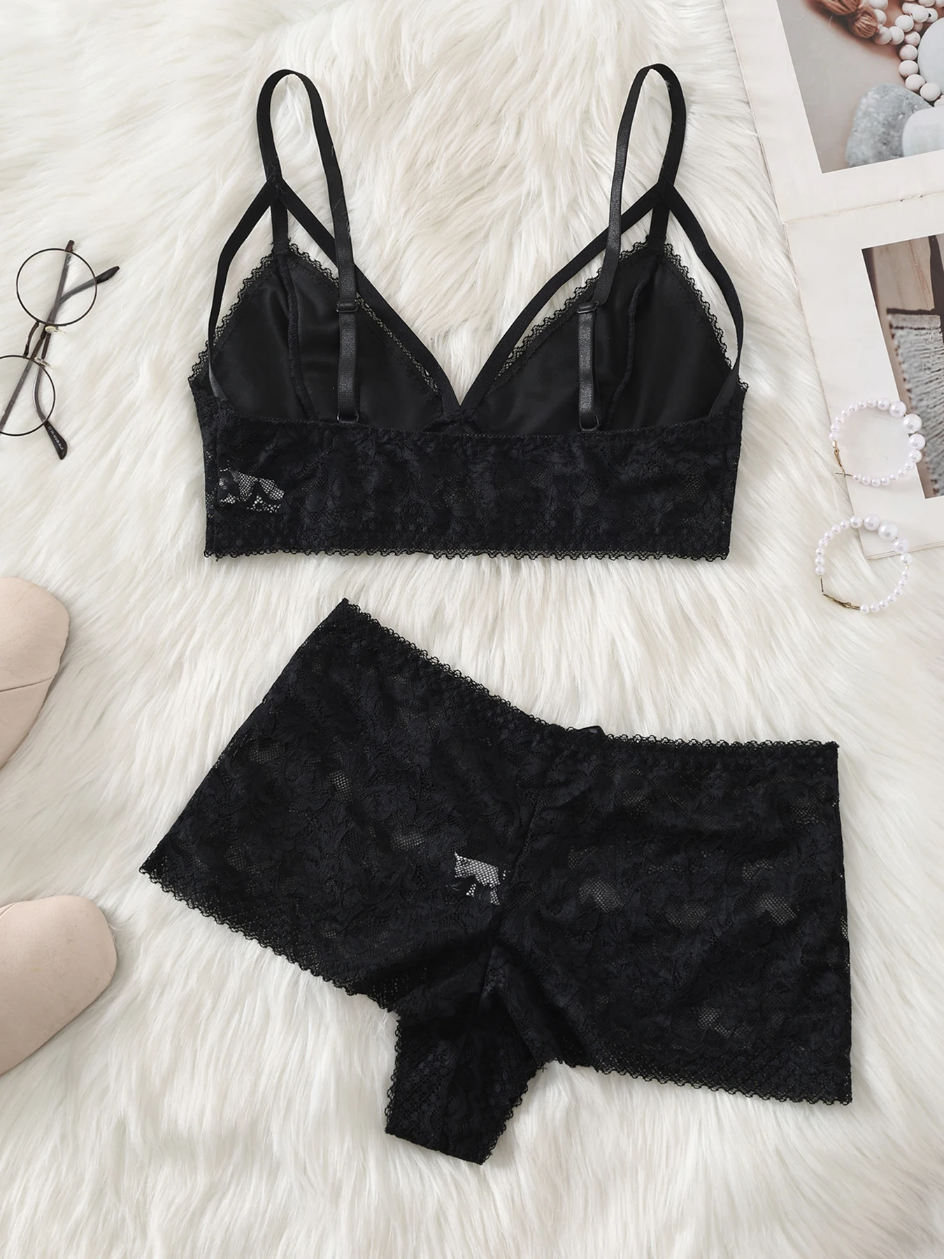 “Seductive Black Lace Bralette Set - Adjustable Straps & Bow Detail, Sheer Lace Lingerie with Boyshort, Daily Wear & Special Occ