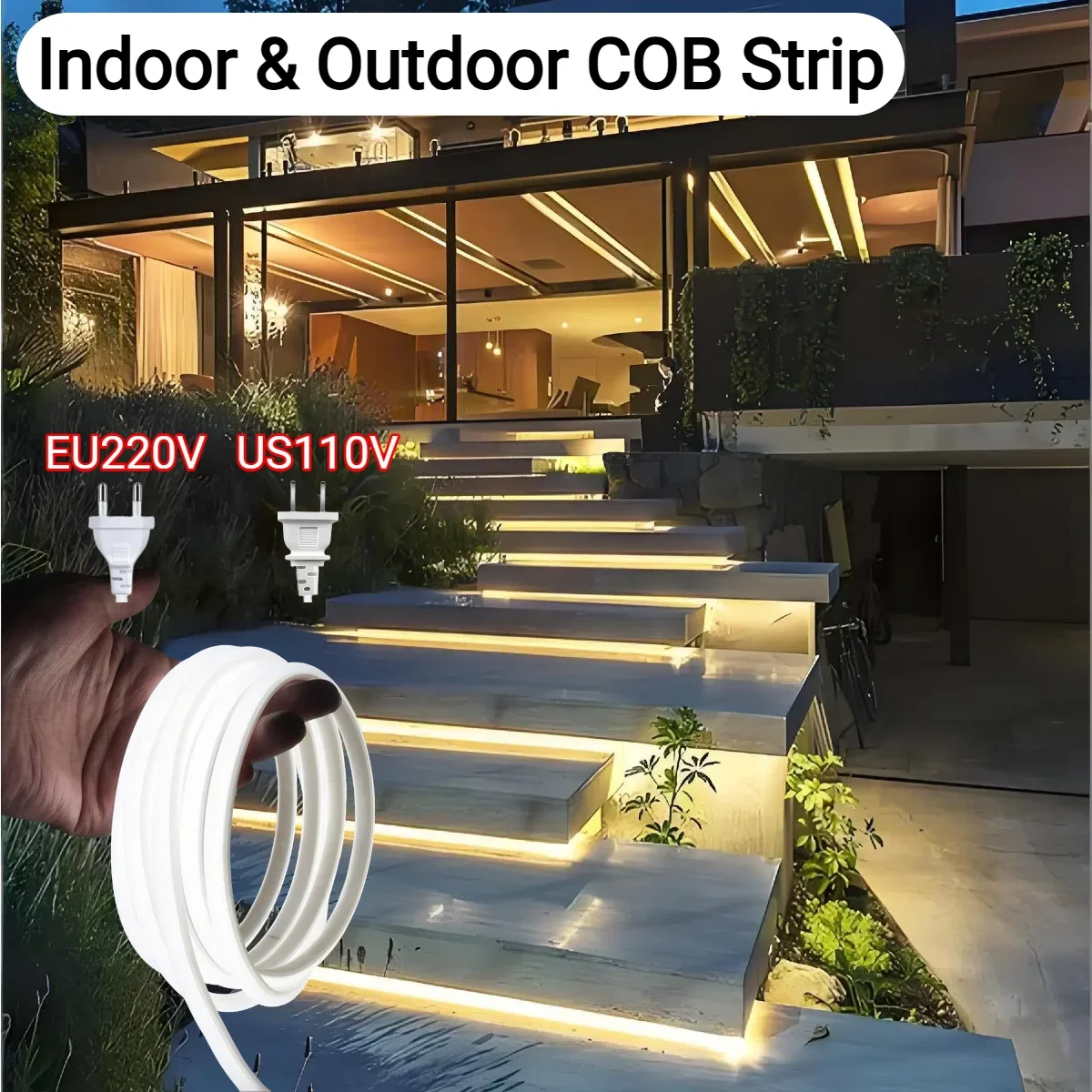 Great Outdoor High Quality COB Strip Light 288LEDs/M IP65 Waterproof No Dark Area 220V 110V EU US For Garden Yard Swimming Pool