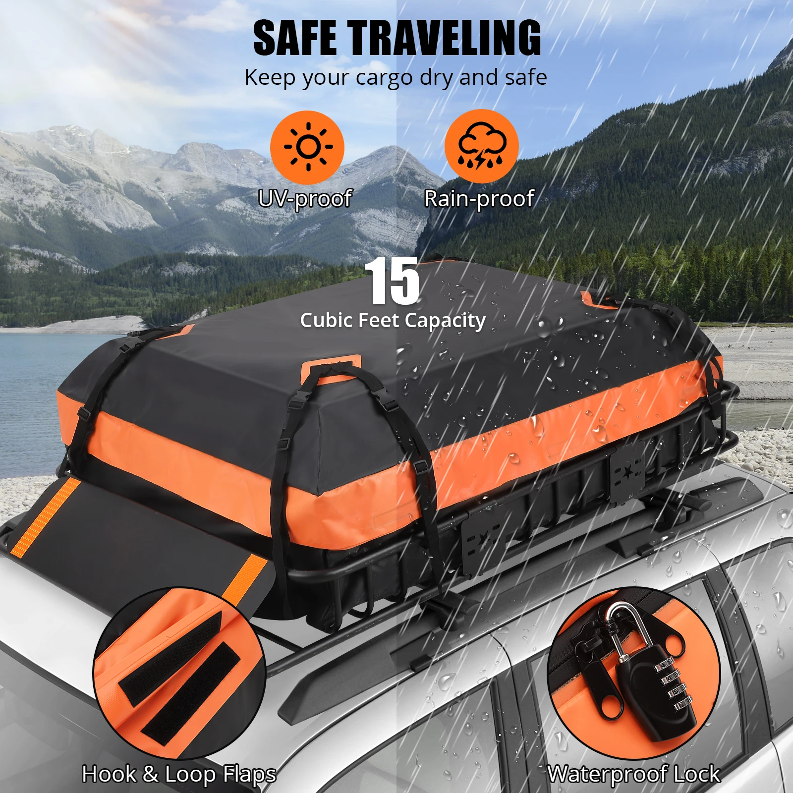 Heavy-Duty Global Roof Rack Cargo Basket – Steel Construction, 200LB Capacity, Waterproof 15 Cu Ft Cargo Bag – Rooftop Luggage Carrier for SUV & Truck, Ideal for Camping, Kayaks, Bikes