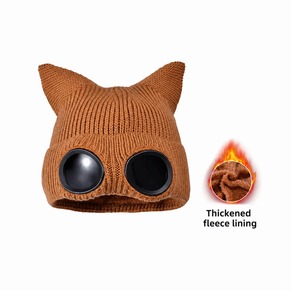 Fashion Warm Winter Beanie Windproof Lining Knitted Goggles Hat Cat Ear Thickened Skullies Hat for Women