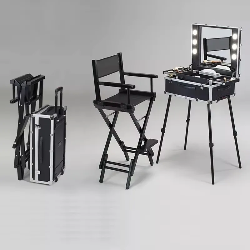 Black Pro Studio Artist Train Rolling Makeup Case with Light Wheeled
