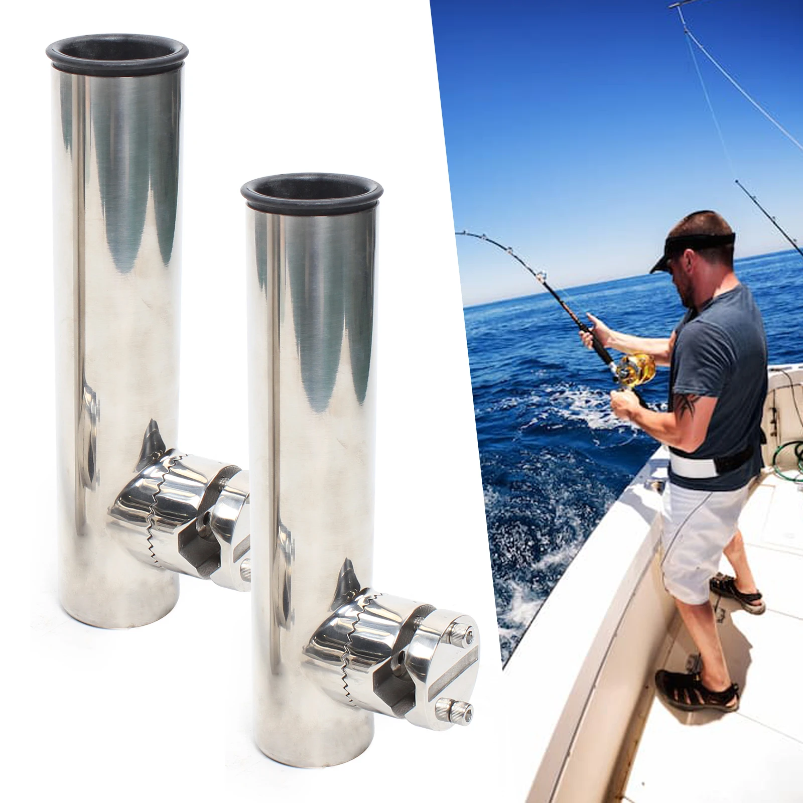 2 Piece Stainless Steel Boat Rod Holder 360° Fishing Rod Holder For 19-25mm Railing