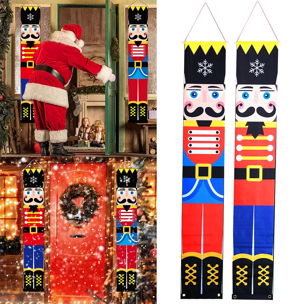 2 個のクリスマス兵士モデルバナー ホリデーハンギングバナー クリスマスデコレーション クリスマスカプレット 玄関ドア用 家族新年パーティー用