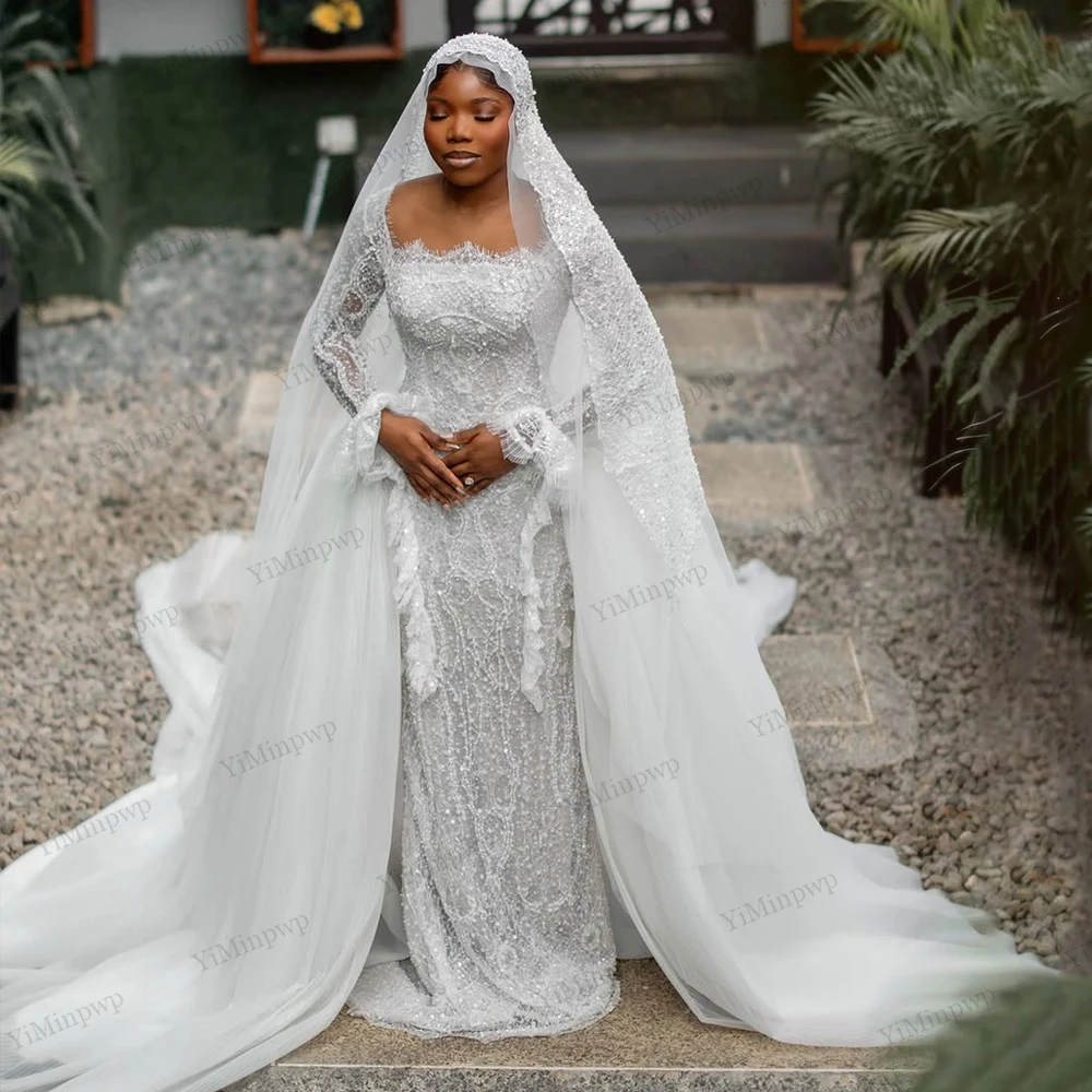 

African Exquisite 2 In 1 Wedding Dresses Bridal Full Sleeve O-Neck Applique Beaded vestido de novia boda civil Customized