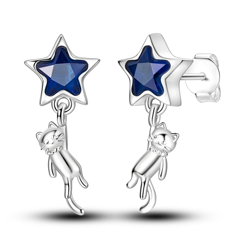

925 Sterling Silver Earrings Women Sparkling Star Picking Cat Stud Earring For Anniversary Wedding Jewelry Gifts