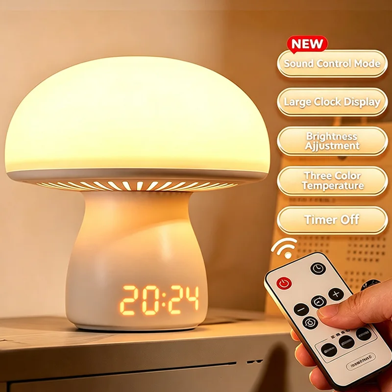 Mushroom Night Light with Digital Clock Sound Sensor Touch Remote Control Dimmable 3 Color LED Nursery Lamp Ambient Light Decor