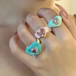 Y2K Enamel Drop Oil Love Heart Colorful Rings for Women Girls Korean Fashion Cute Aesthetic Pink Green Ring Jewelry Accessories