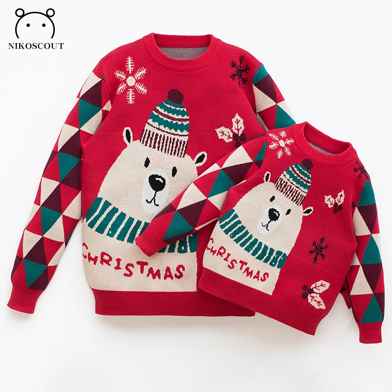 Family for a Family of Three in Winter Christmas and New Year Red Sweater Mother and Daughter New Year Fashionable Street Mother