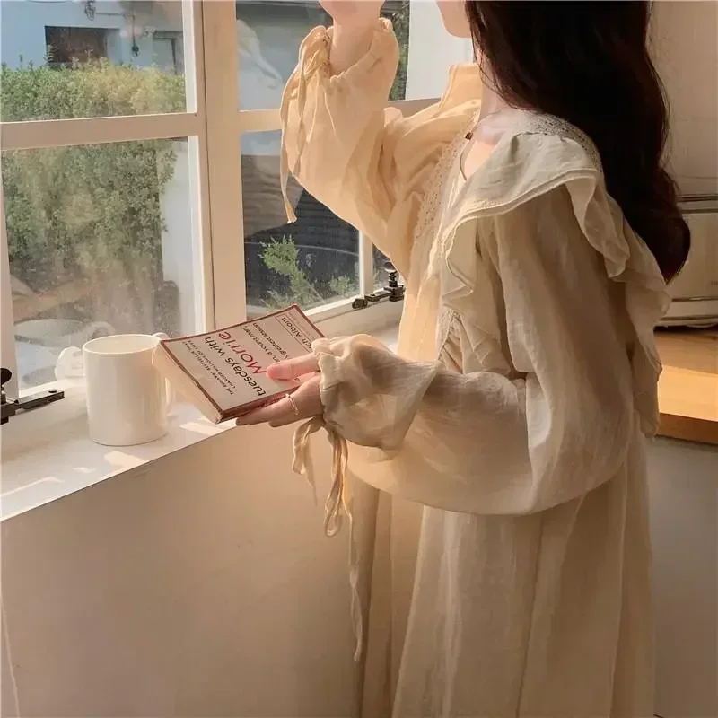 Ruffles Nightgown Sleepwear Women Korean Night Dress Solid Spring One Piece Pajamas Long Sleeve Square Collar Home Wear 2024 New