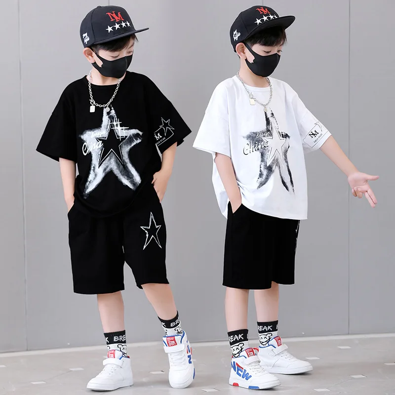 Smart Streetwear Children Boys Clothing Set 2023 Summer New Fashion O-neck Short Sleeve Five-pointed Star Print Teenager Clothes