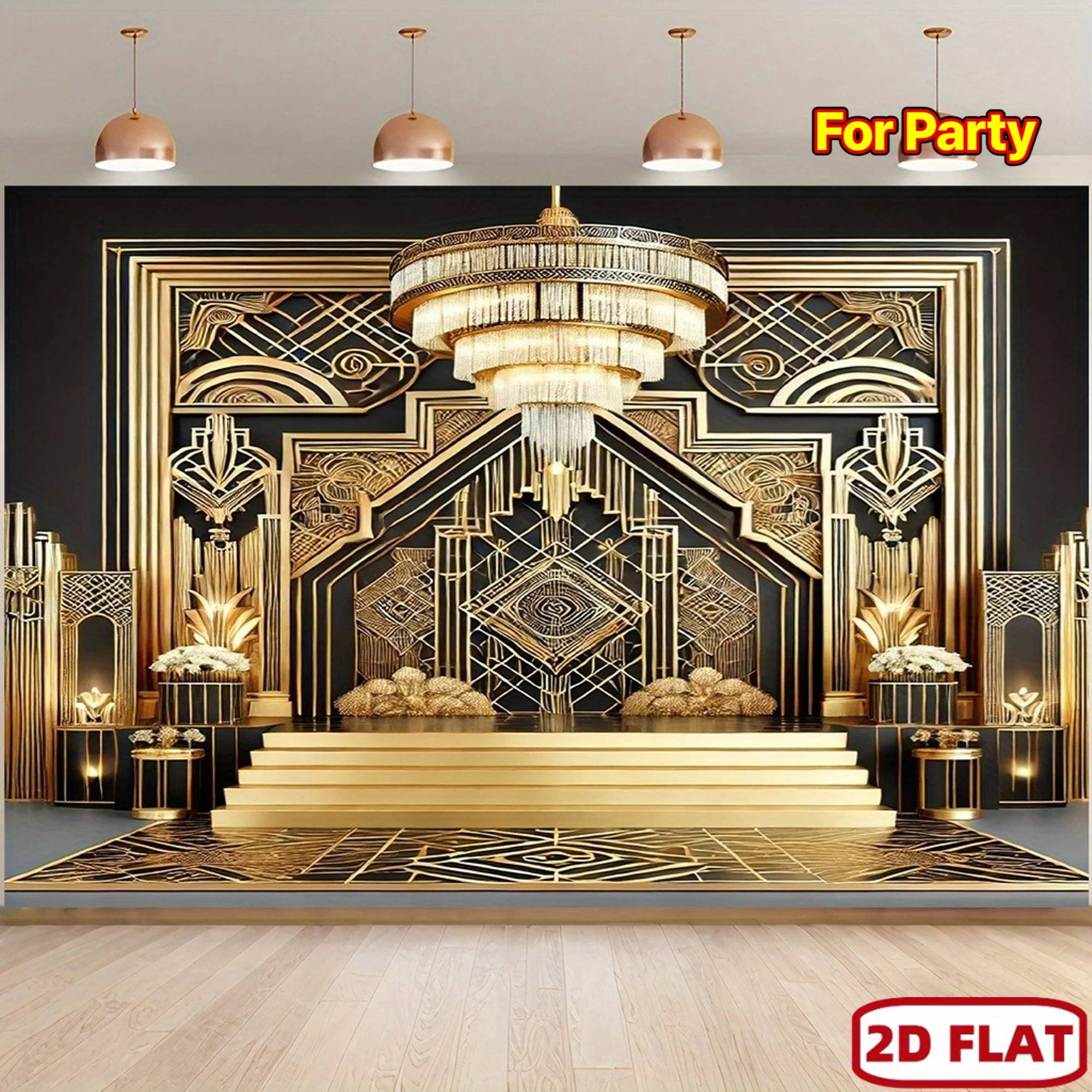 Roaring 20s Great Gatsby Tapestry Wall Hanging Black Gold Art Deco Geometric Background for Party Stage Living Room Home Decor
