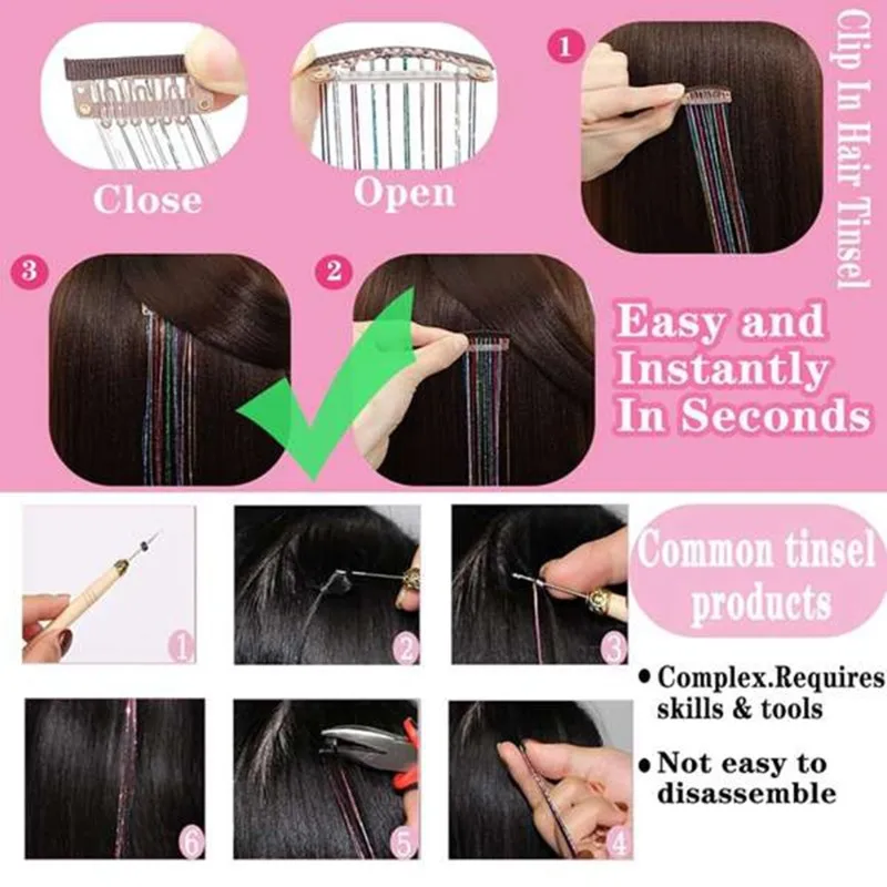 

Аксессуары для волос A95D-Clip In Rainbow, 12 шт., 20-дюймовые блестящие украшения для волос с клипсами, набор для женщин, девочек и детей, пурпурно-красный цвет