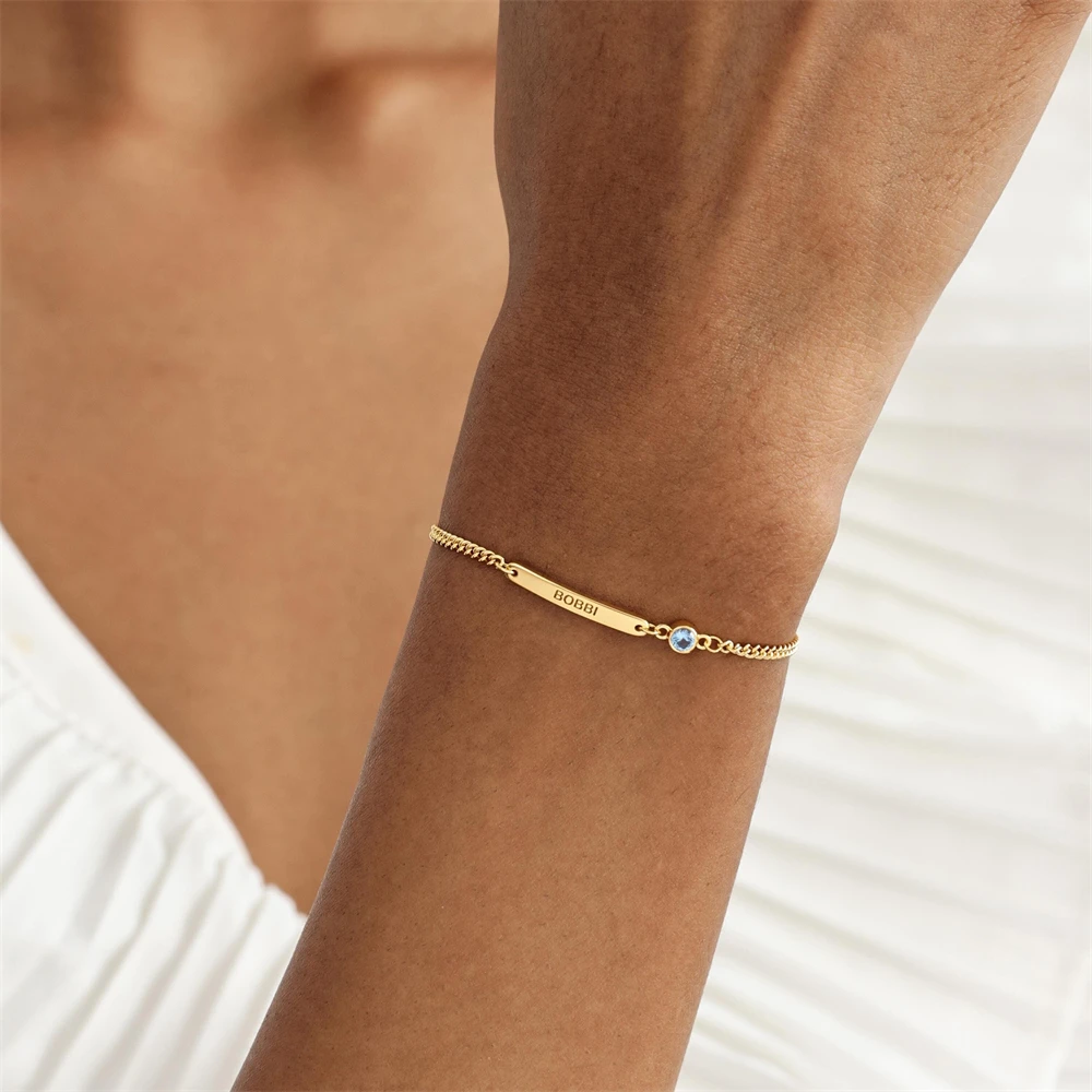 Personalized Birthstone Bar Bracelet Custom Engraved Name ID Bracelets Stainless Steel Adjustable Chain Vintage Jewelry Pulsera